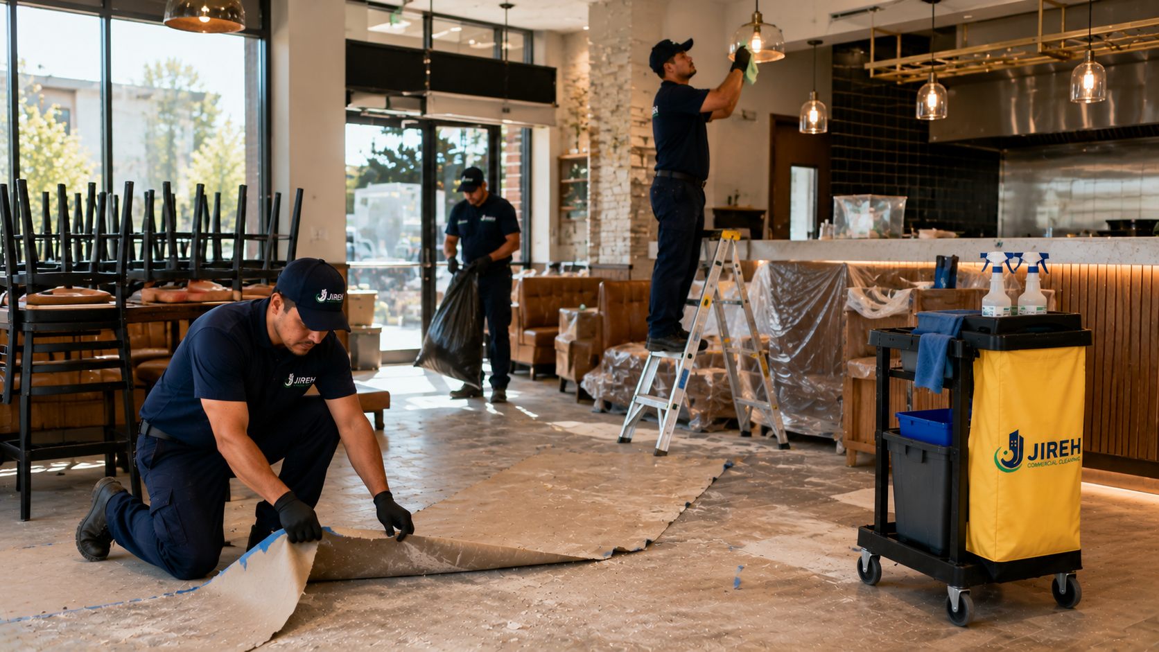 Three Jireh Comercial Cleaning workers providing post-construction cleaning in a newly remodeled restaurant in Simi Valley and nearby areas