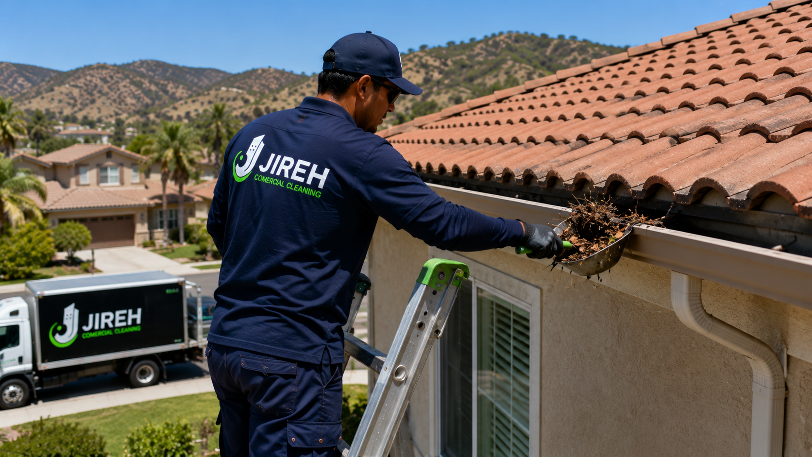 Jireh Comercial Cleaning worker providing gutter cleaning on a home in Simi Valley and nearby areas
