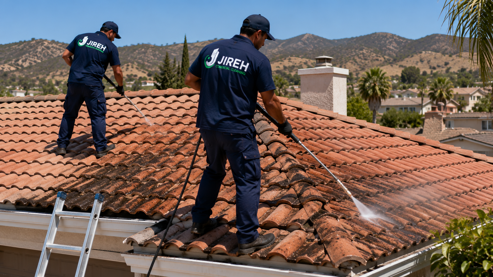 Two Jireh Comercial Cleaning workers providing roof tile cleaning on a home in Simi Valley and nearby areas