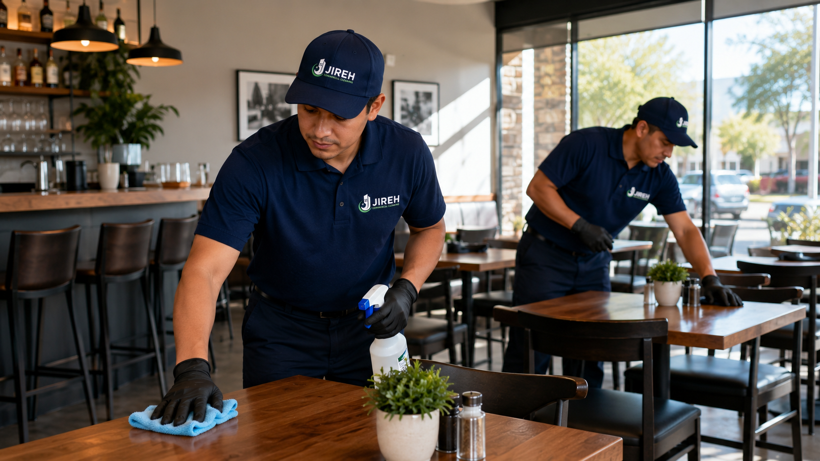 Two Jireh Comercial Cleaning workers providing commercial cleaning in a restaurant in Simi Valley and nearby areas