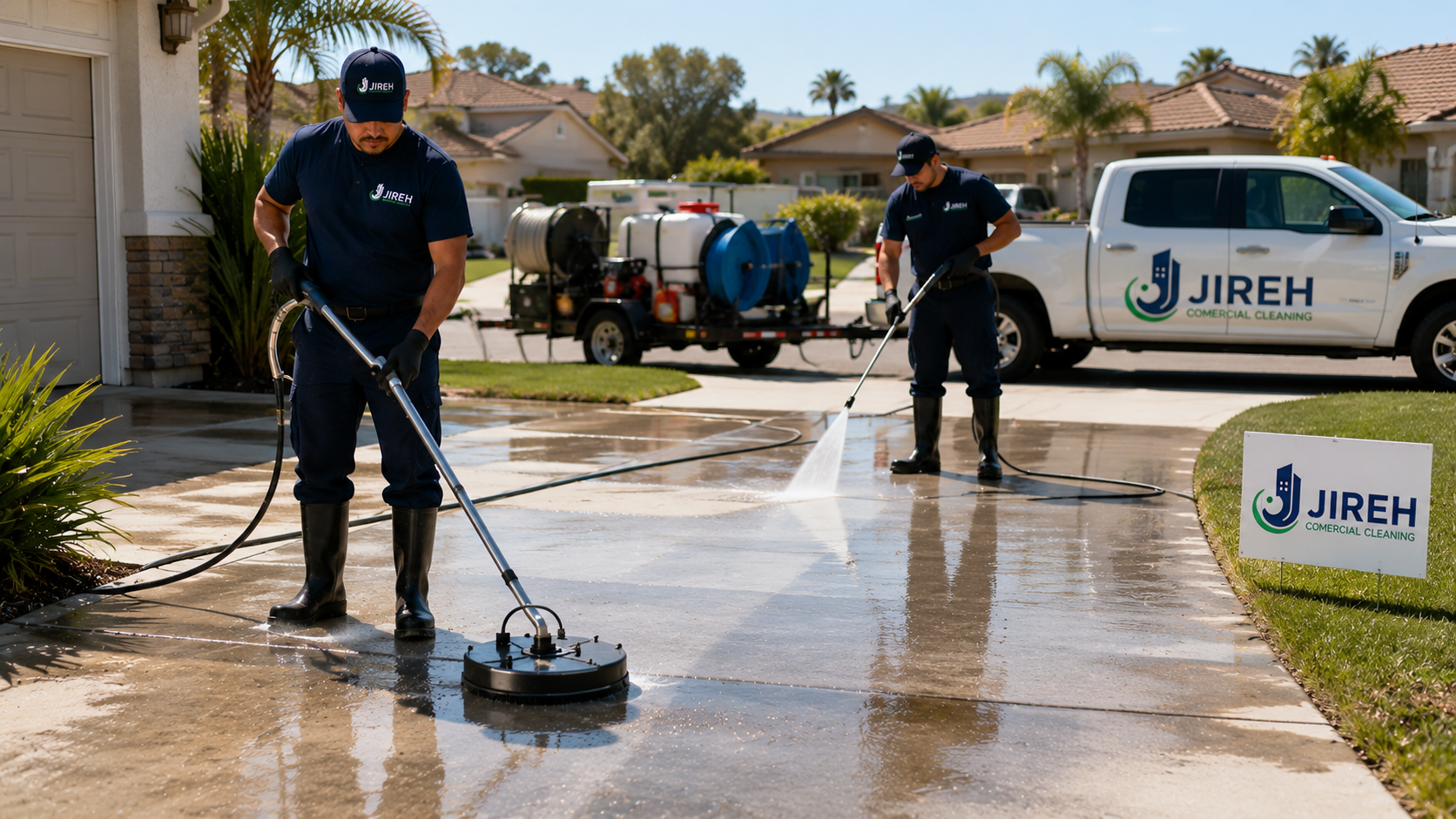 Two Jireh Comercial Cleaning workers providing concrete cleaning on a driveway in Simi Valley and nearby areas